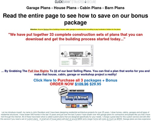 Garage, Home, Cabin, Shed, Playhouse, Greenhouse & Barn Plans