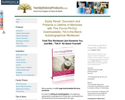 FamilyHistoryProducts.com – 321 Net page, Downloadable Life Legend Workbook